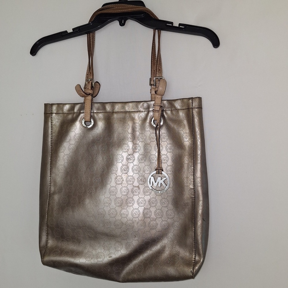 Y2K Metallic Glam Logo Tote Michael Kors Large Jet Mirror Gold Leather